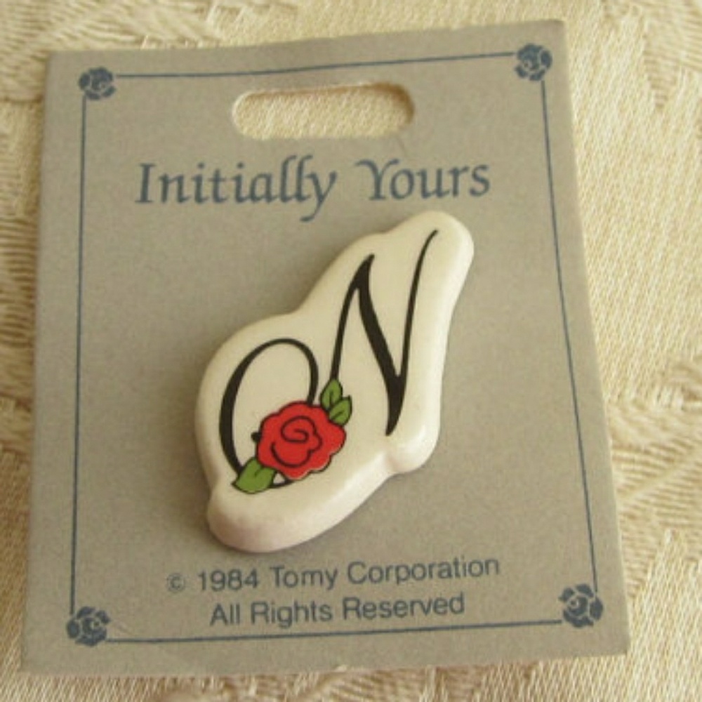 Vintage Letter N Brooch w Red Rose Initial Pin 1980s Era Cuteness